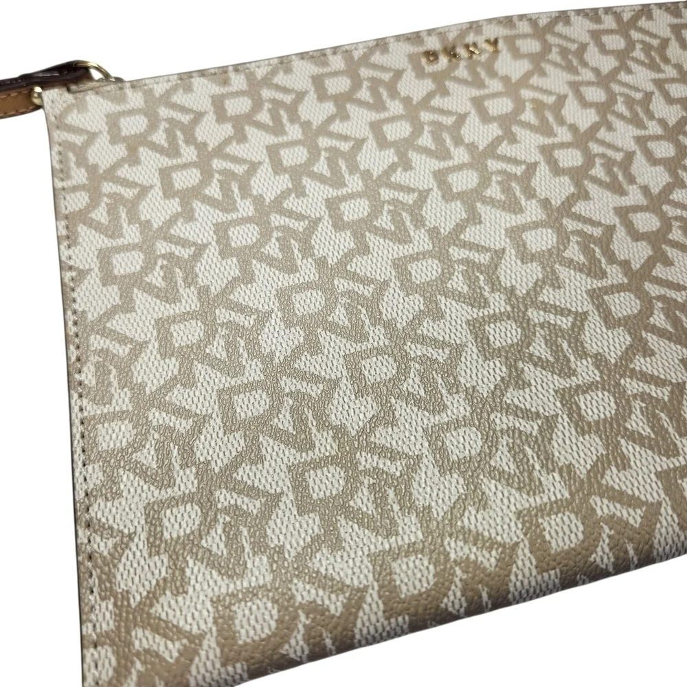 DKNY Bryant Park Logo Wristlet Pouch Cosmetic Bag Beige & Brown Faux Leather